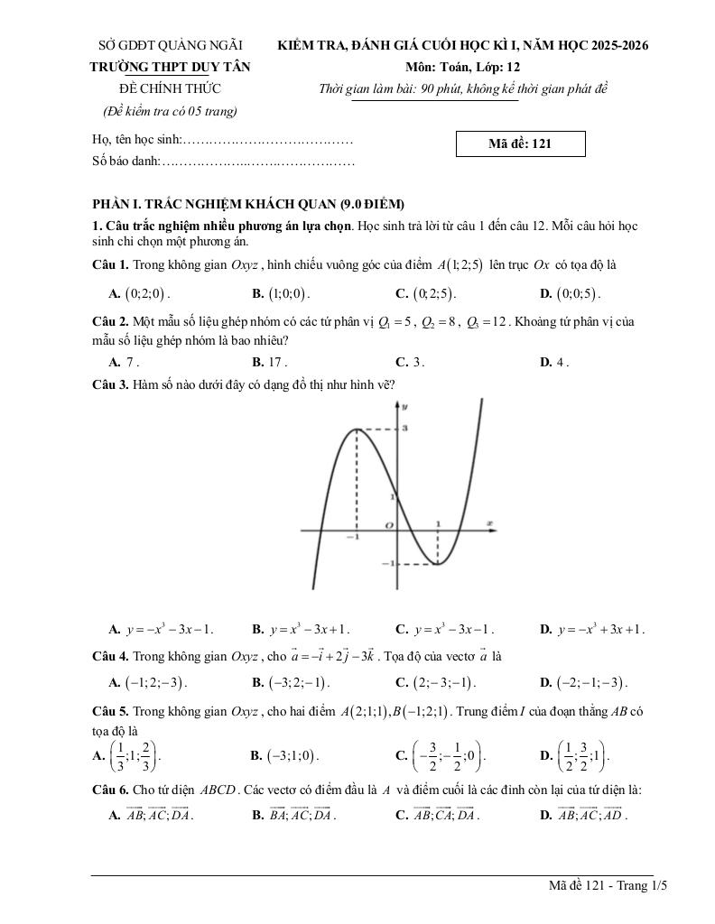 đề cuối kì 1 toán 12 năm 2025 – 2026 trường thpt duy tân – quảng ngãi - hình 1