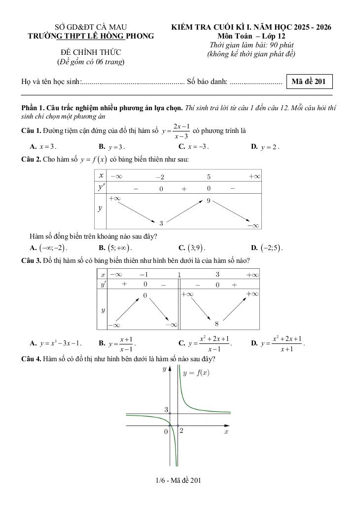 đề cuối kì 1 toán 12 năm 2025 – 2026 trường thpt lê hồng phong – cà mau - hình 1