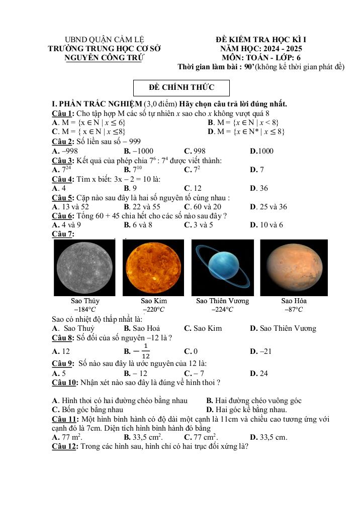 đề cuối kì 1 toán 6 năm 2024 – 2025 trường thcs nguyễn công trứ – đà nẵng 0