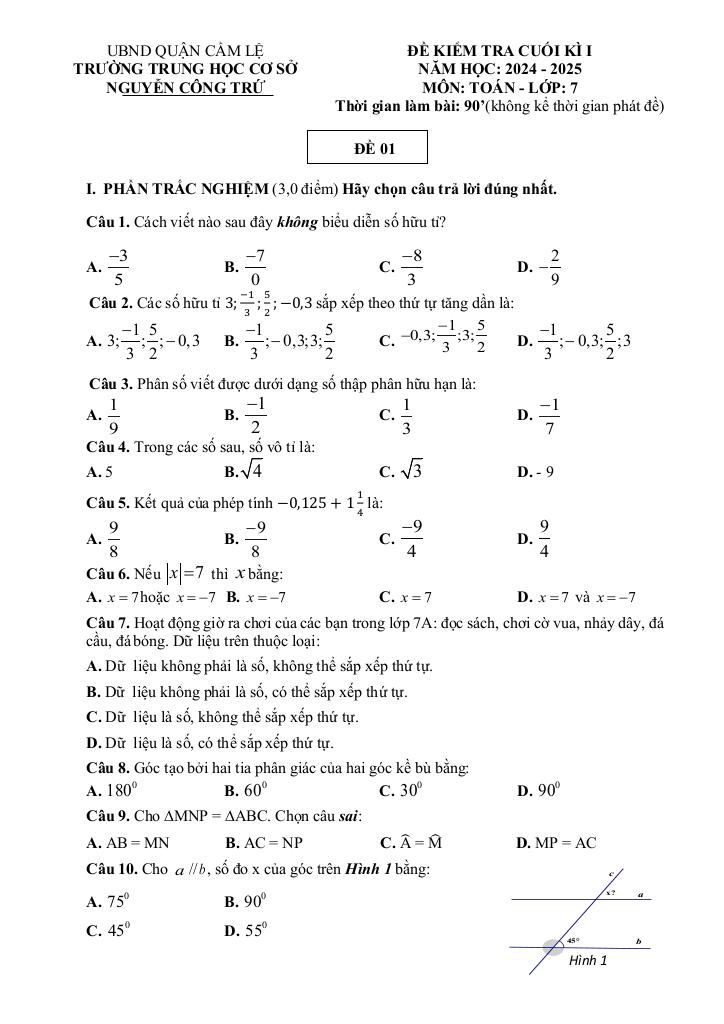 đề cuối kì 1 toán 7 năm 2024 – 2025 trường thcs nguyễn công trứ – đà nẵng 4