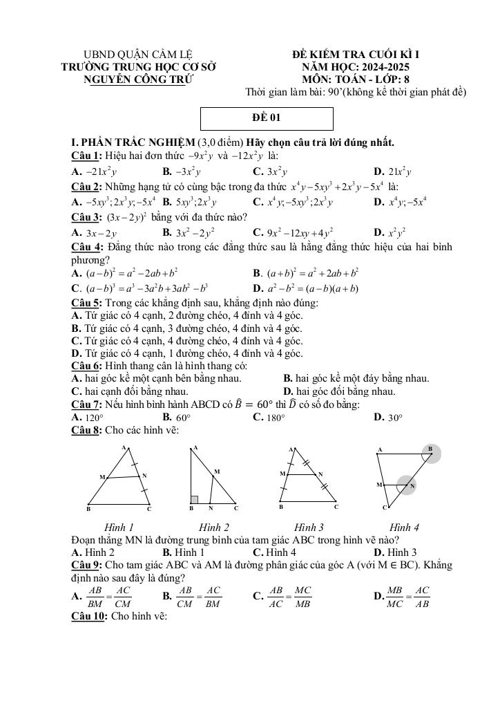 đề cuối kì 1 toán 8 năm 2024 – 2025 trường thcs nguyễn công trứ – đà nẵng 0