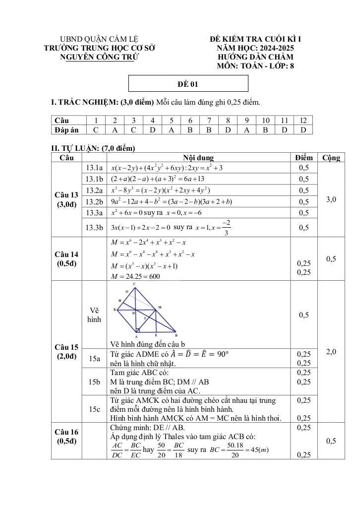 đề cuối kì 1 toán 8 năm 2024 – 2025 trường thcs nguyễn công trứ – đà nẵng 2