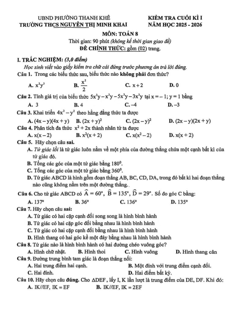 đề cuối kì 1 toán 8 năm 2025 – 2026 trường thcs nguyễn thị minh khai – đà nẵng - hình 1