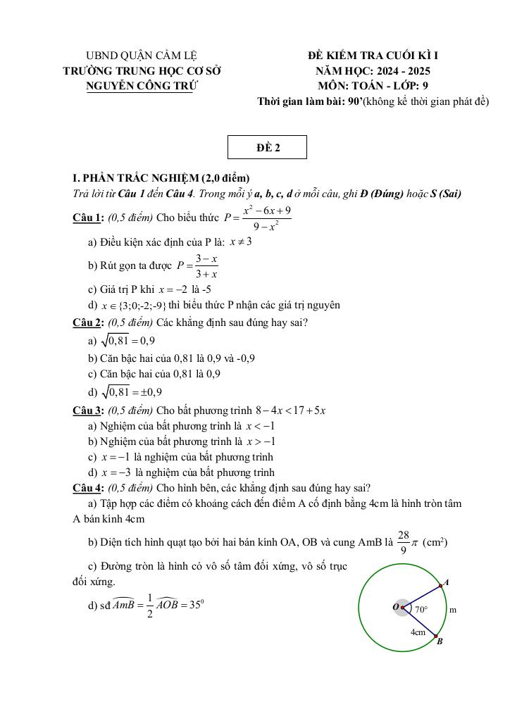 đề cuối kì 1 toán 9 năm 2024 – 2025 trường thcs nguyễn công trứ – đà nẵng 9