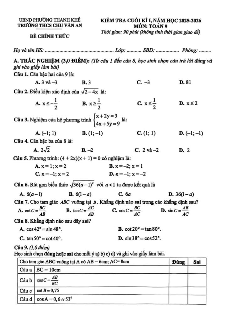 đề cuối kì 1 toán 9 năm 2025 – 2026 trường thcs chu văn an – đà nẵng - hình 1