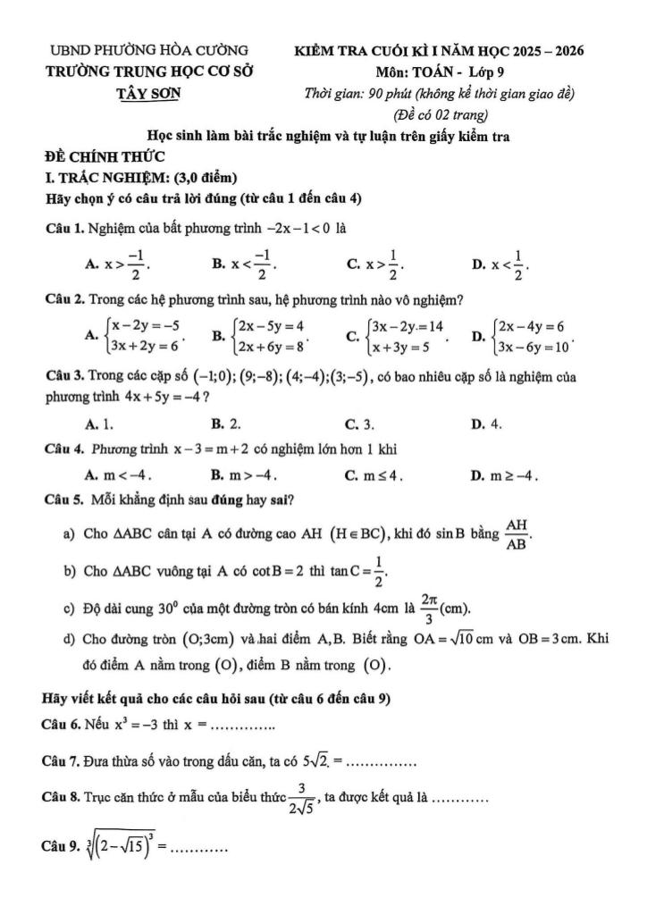 đề cuối kì 1 toán 9 năm 2025 – 2026 trường thcs tây sơn – đà nẵng - hình 1