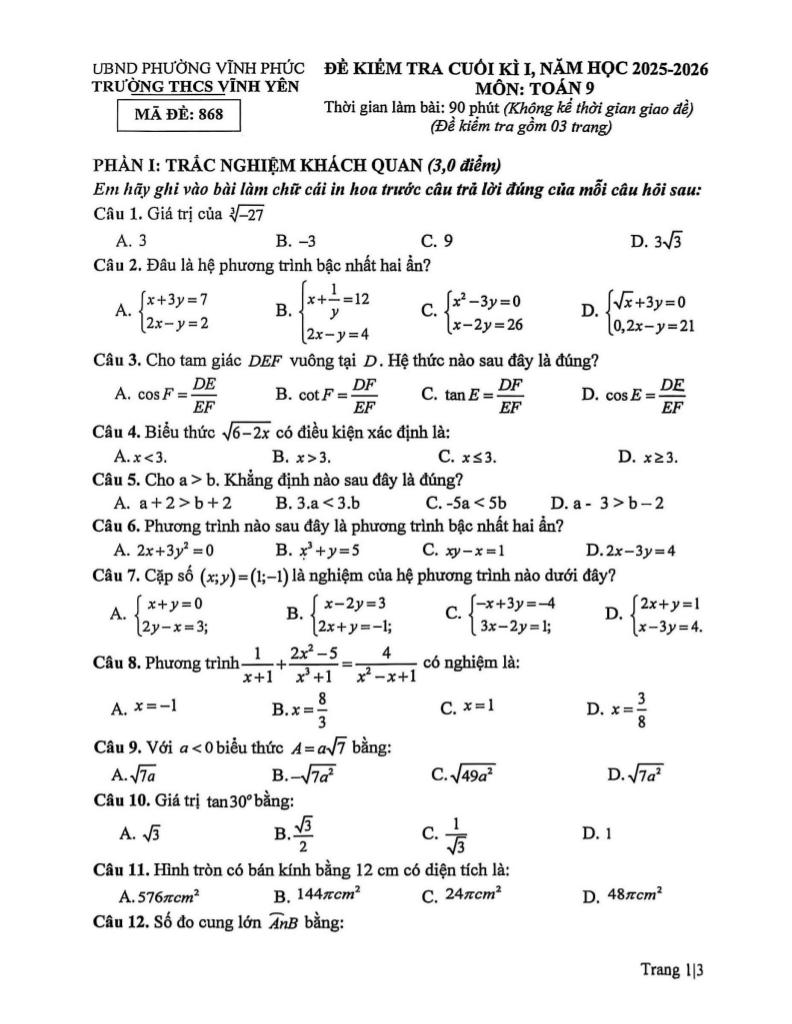đề cuối kì 1 toán 9 năm 2025 – 2026 trường thcs vĩnh yên – phú thọ - hình 1