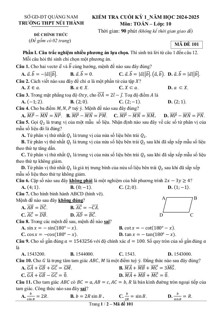 đề cuối kỳ 1 toán 10 năm 2024 – 2025 trường thpt núi thành – quảng nam 0