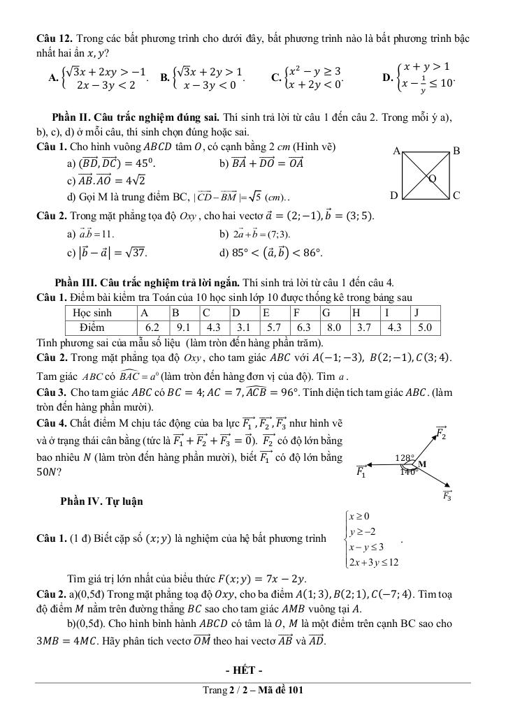 đề cuối kỳ 1 toán 10 năm 2024 – 2025 trường thpt núi thành – quảng nam 1