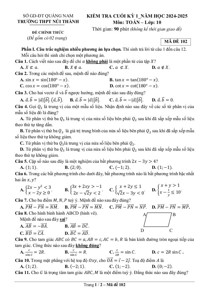 đề cuối kỳ 1 toán 10 năm 2024 – 2025 trường thpt núi thành – quảng nam 2