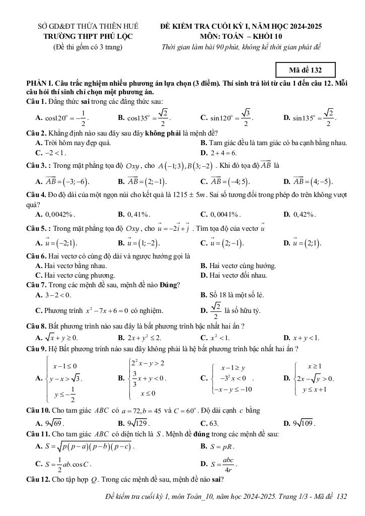 đề cuối kỳ 1 toán 10 năm 2024 – 2025 trường thpt phú lộc – tt huế 0