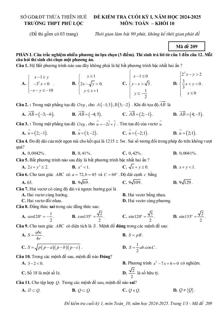 đề cuối kỳ 1 toán 10 năm 2024 – 2025 trường thpt phú lộc – tt huế 3