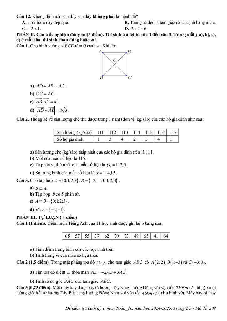 đề cuối kỳ 1 toán 10 năm 2024 – 2025 trường thpt phú lộc – tt huế 4