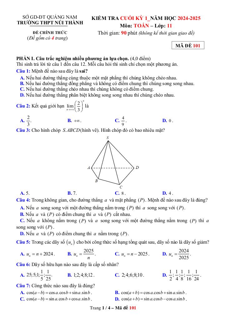 đề cuối kỳ 1 toán 11 năm 2024 – 2025 trường thpt núi thành – quảng nam 0