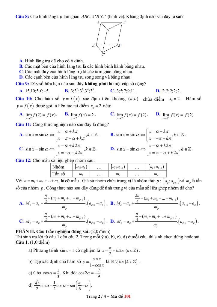 đề cuối kỳ 1 toán 11 năm 2024 – 2025 trường thpt núi thành – quảng nam 1