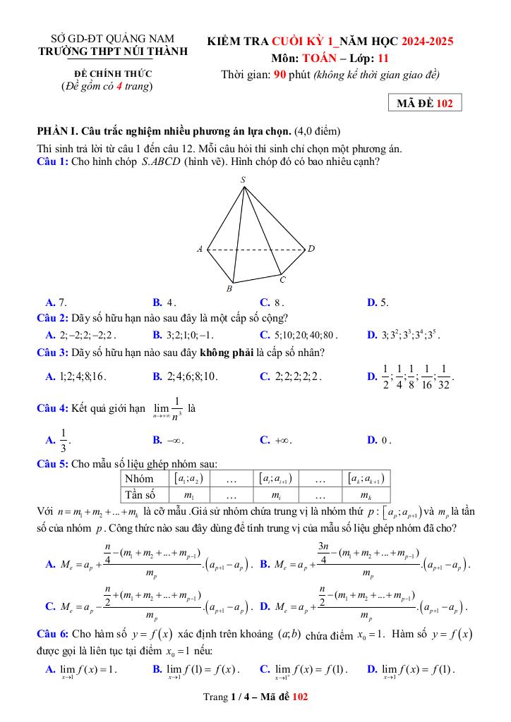 đề cuối kỳ 1 toán 11 năm 2024 – 2025 trường thpt núi thành – quảng nam 4