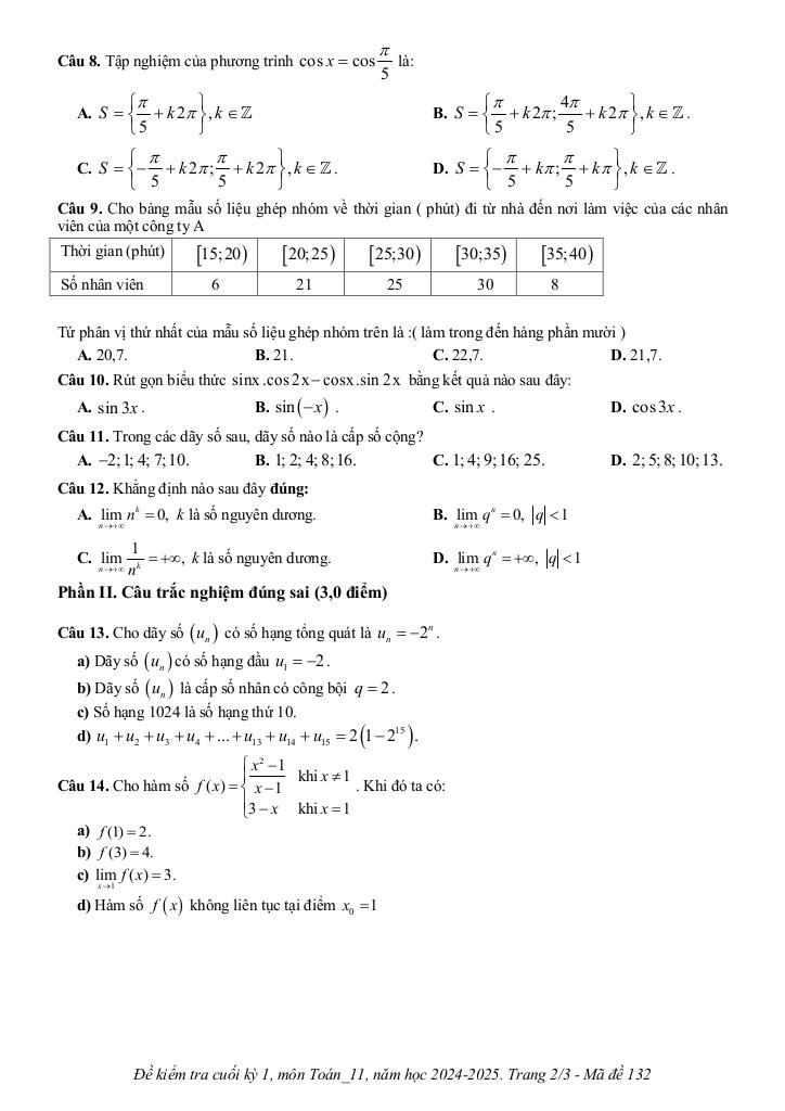đề cuối kỳ 1 toán 11 năm 2024 – 2025 trường thpt phú lộc – tt huế 1
