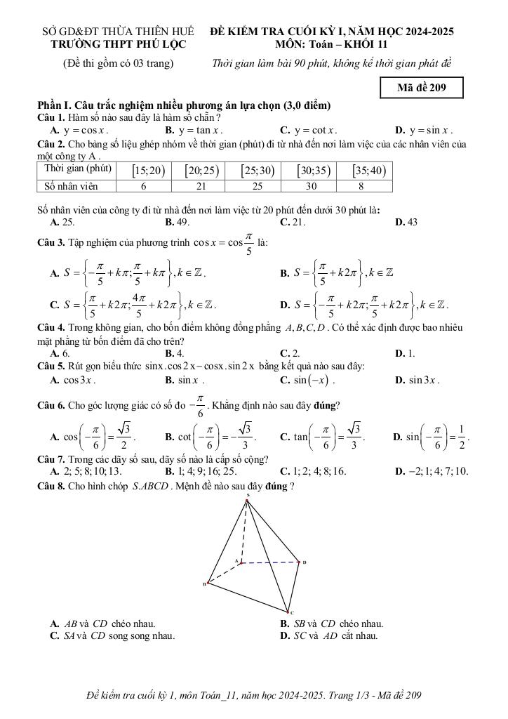 đề cuối kỳ 1 toán 11 năm 2024 – 2025 trường thpt phú lộc – tt huế 3