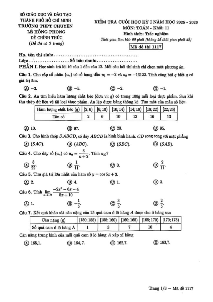 đề cuối kỳ 1 toán 11 năm 2025 – 2026 trường chuyên lê hồng phong – tp hcm - hình 1