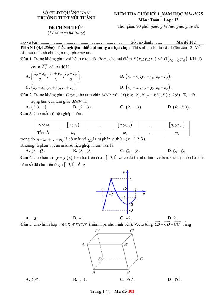 đề cuối kỳ 1 toán 12 năm 2024 – 2025 trường thpt núi thành – quảng nam 4