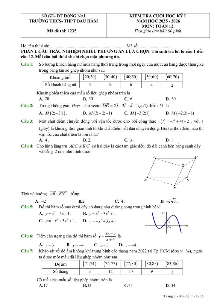 đề cuối kỳ 1 toán 12 năm 2025 – 2026 trường thcs-thpt bàu hàm – đồng nai - hình 1