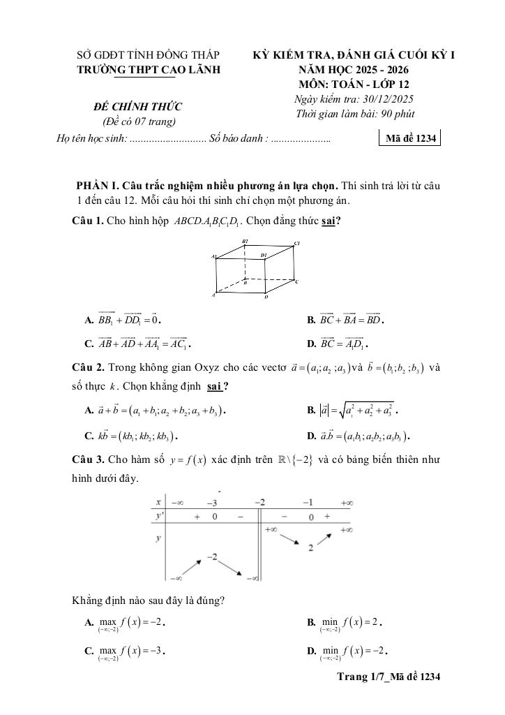 đề cuối kỳ 1 toán 12 năm 2025 – 2026 trường thpt cao lãnh – đồng tháp - hình 1