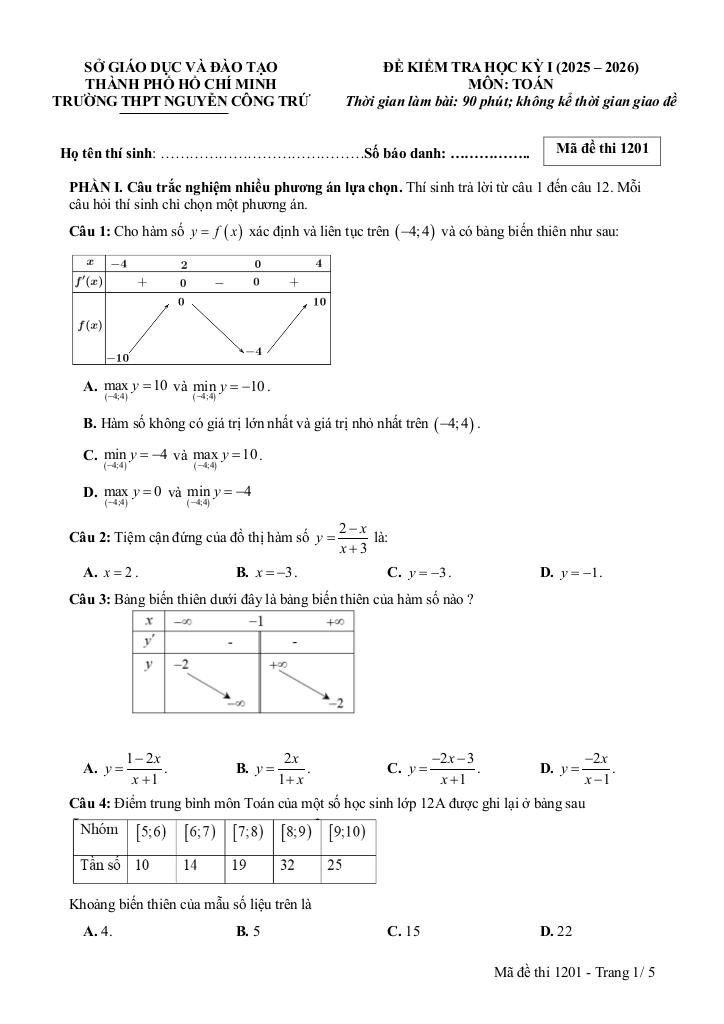 đề cuối kỳ 1 toán 12 năm 2025 – 2026 trường thpt nguyễn công trứ – tp hcm - hình 1