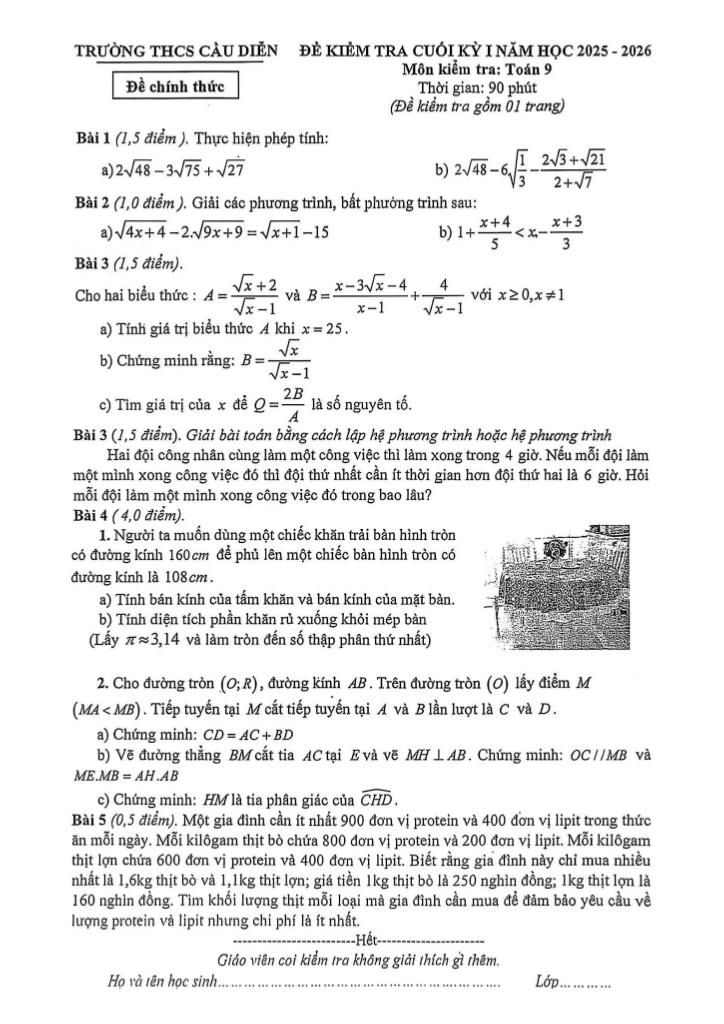đề cuối kỳ 1 toán 9 năm 2025 – 2026 trường thcs cầu diễn – hà nội