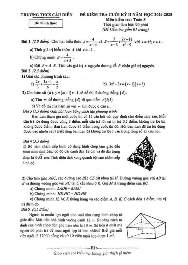 đề cuối kỳ 2 toán 8 năm 2024 – 2025 trường thcs cầu diễn – hà nội