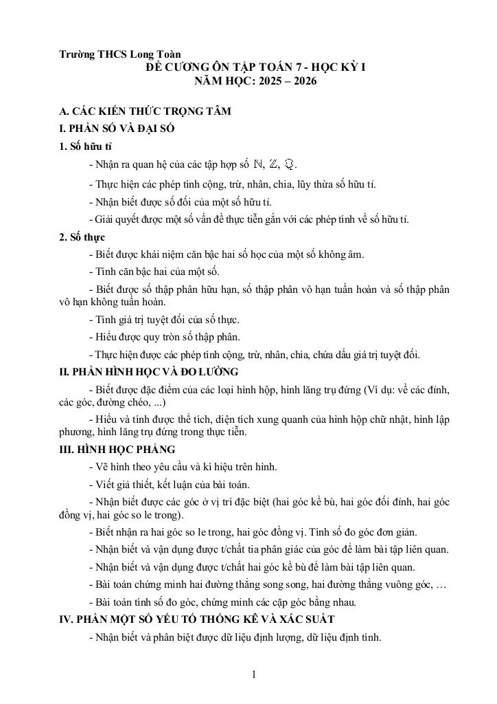 đề cương cuối học kì 1 toán 7 năm 2025 – 2026 trường thcs long toàn – tp hcm 0