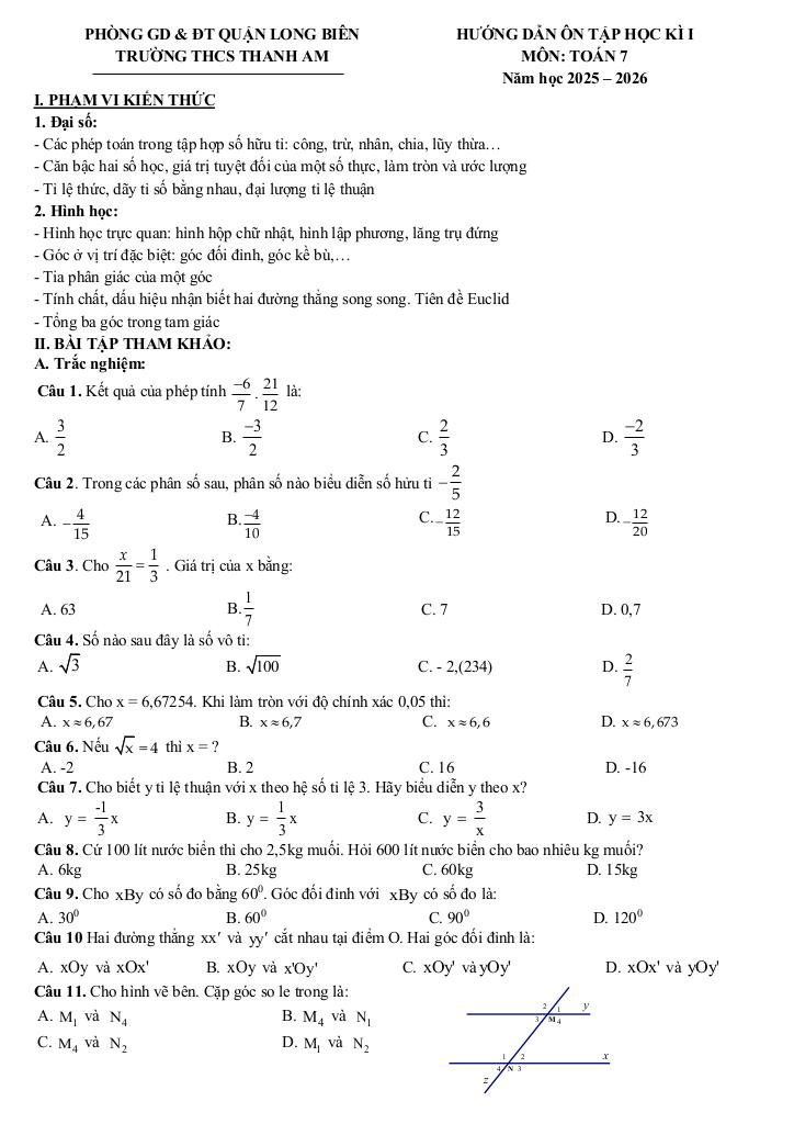 đề cương cuối học kì 1 toán 7 năm 2025 – 2026 trường thcs thanh am – hà nội 0
