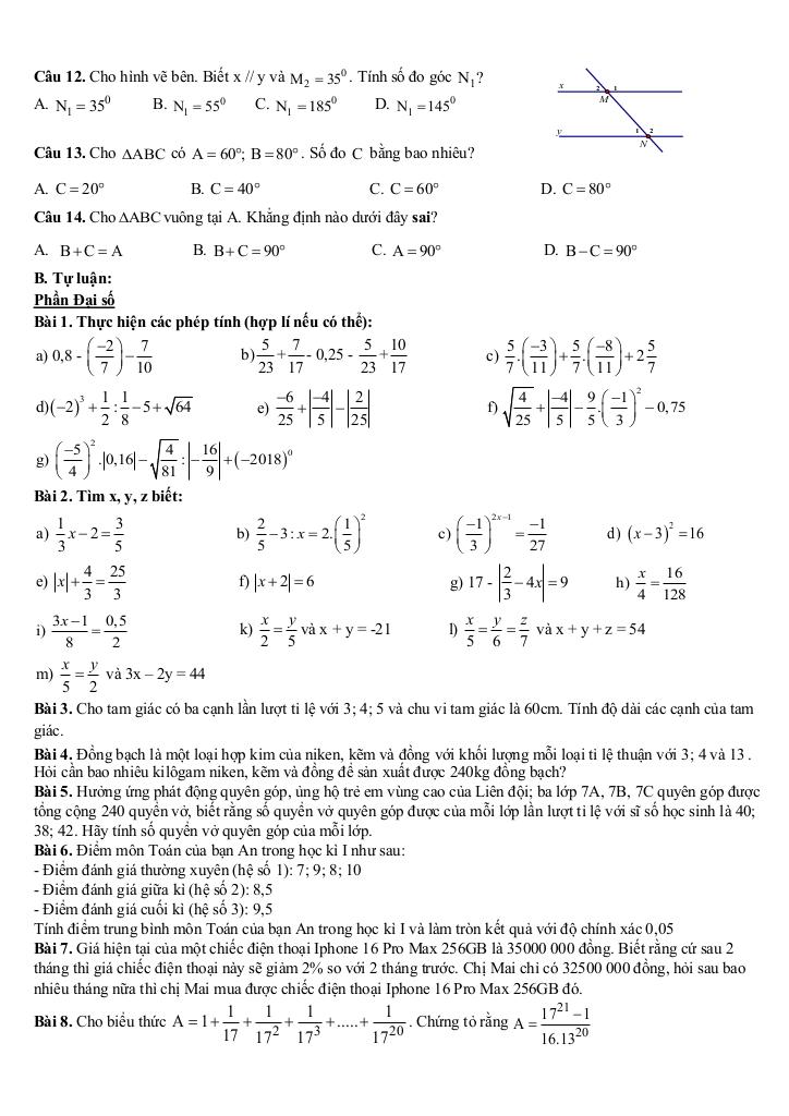 đề cương cuối học kì 1 toán 7 năm 2025 – 2026 trường thcs thanh am – hà nội 1