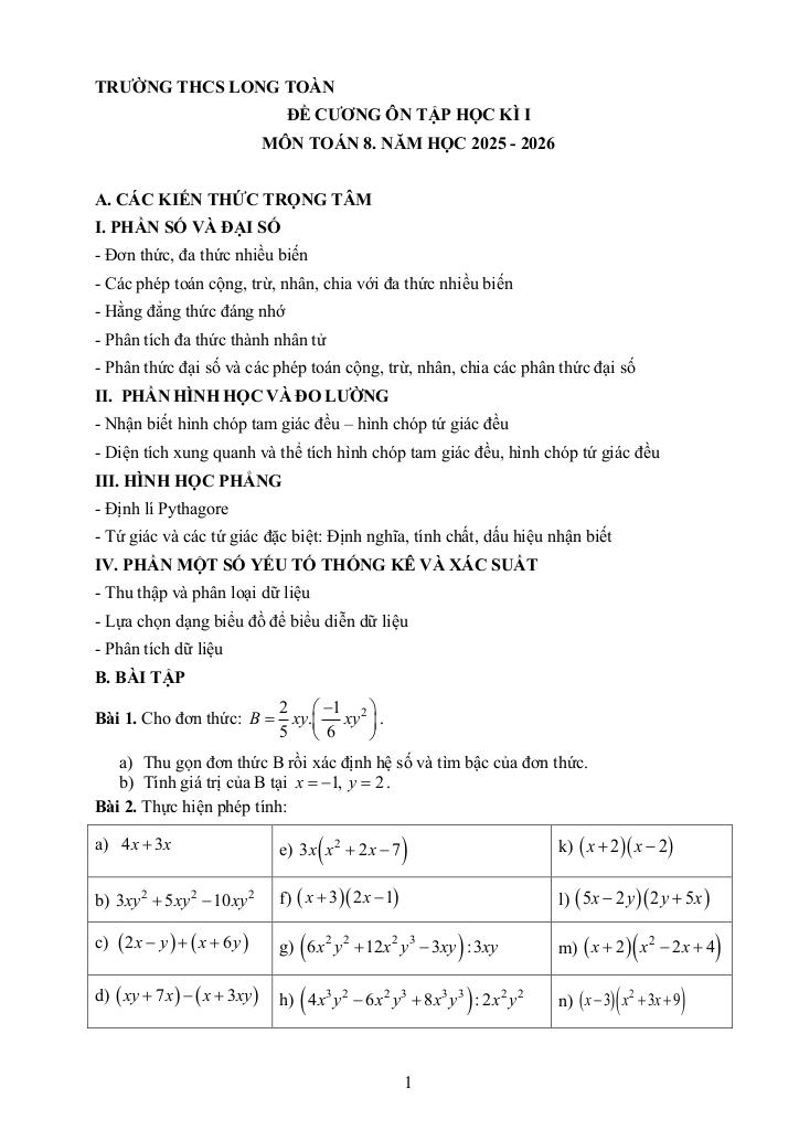 đề cương cuối học kì 1 toán 8 năm 2025 – 2026 trường thcs long toàn – tp hcm 0
