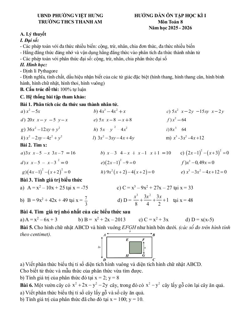 đề cương cuối học kì 1 toán 8 năm 2025 – 2026 trường thcs thanh am – hà nội 0