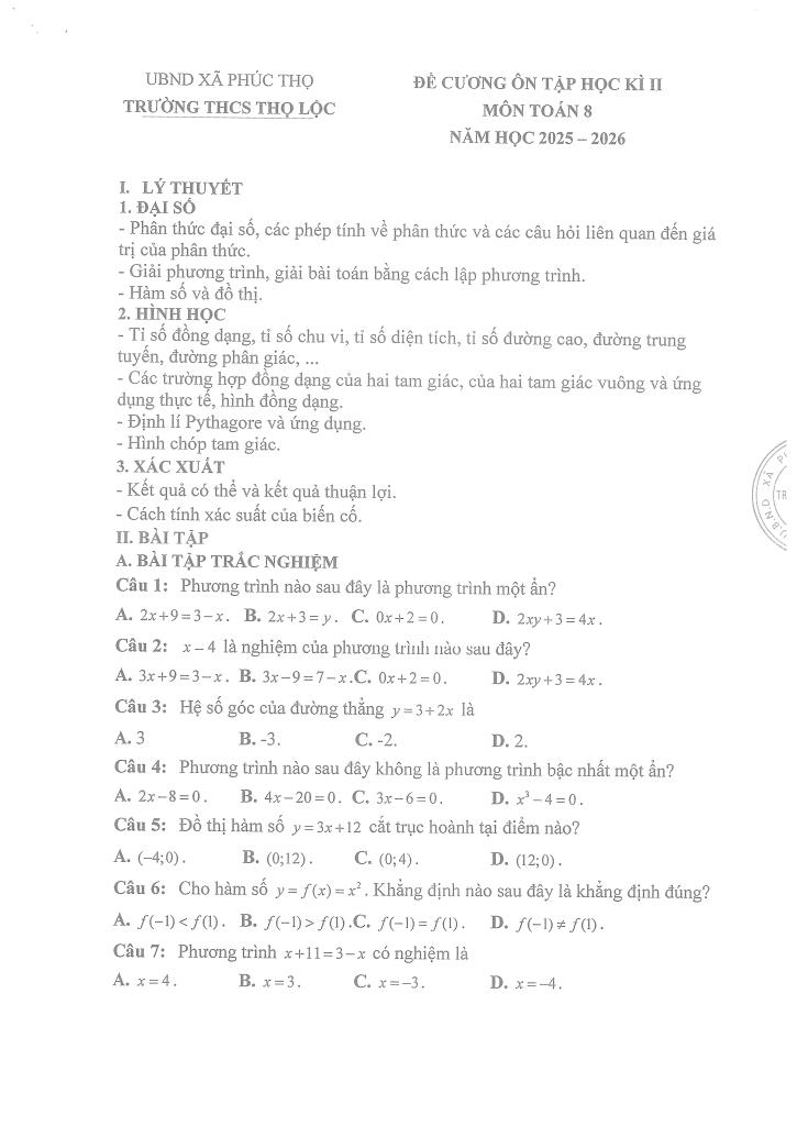 đề cương cuối học kì 2 toán 8 năm 2025 – 2026 trường thcs thọ lộc – hà nội - hình 1