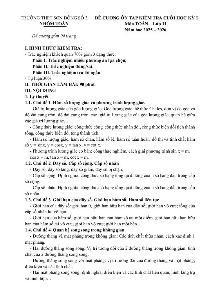 đề cương cuối học kỳ 1 toán 11 năm 2025 – 2026 trường thpt sơn động 3 – bắc ninh - hình 1