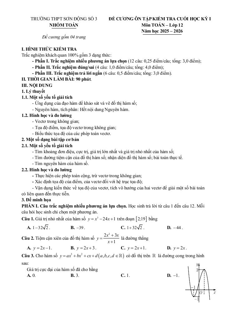đề cương cuối học kỳ 1 toán 12 năm 2025 – 2026 trường thpt sơn động 3 – bắc ninh - hình 1