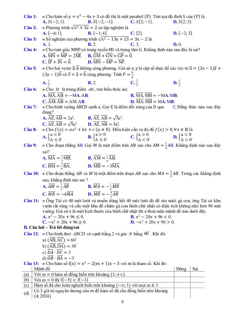 đề cương cuối kì 1 toán 10 năm 2025 – 2026 trường thpt bắc thăng long – hà nội 8