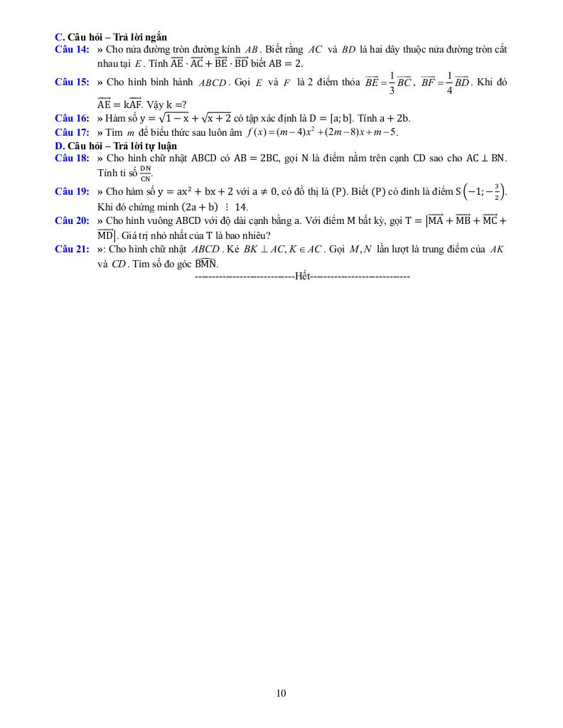 đề cương cuối kì 1 toán 10 năm 2025 – 2026 trường thpt bắc thăng long – hà nội 9