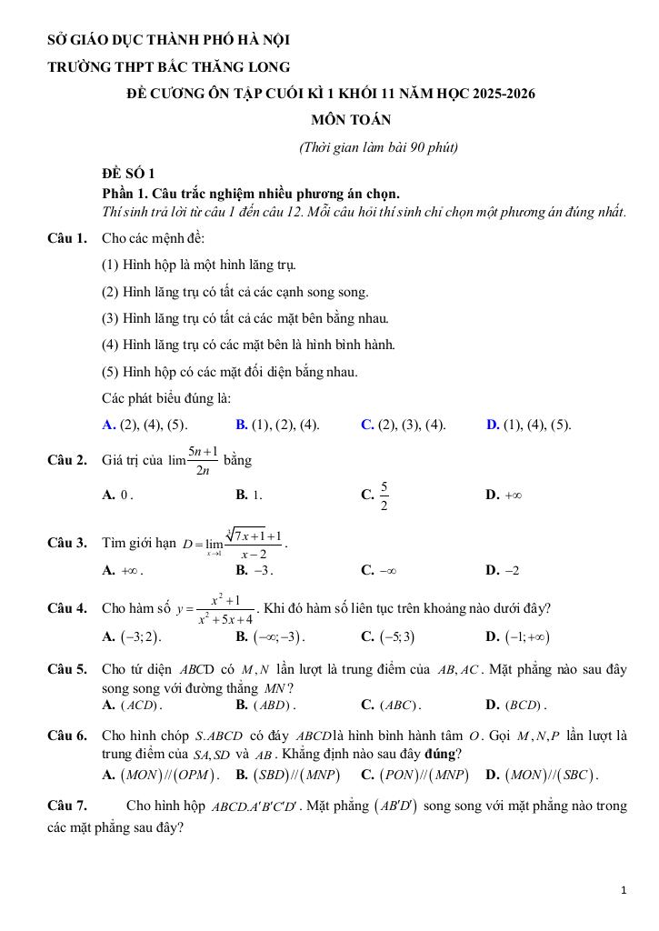 đề cương cuối kì 1 toán 11 năm 2025 – 2026 trường thpt bắc thăng long – hà nội - hình 1