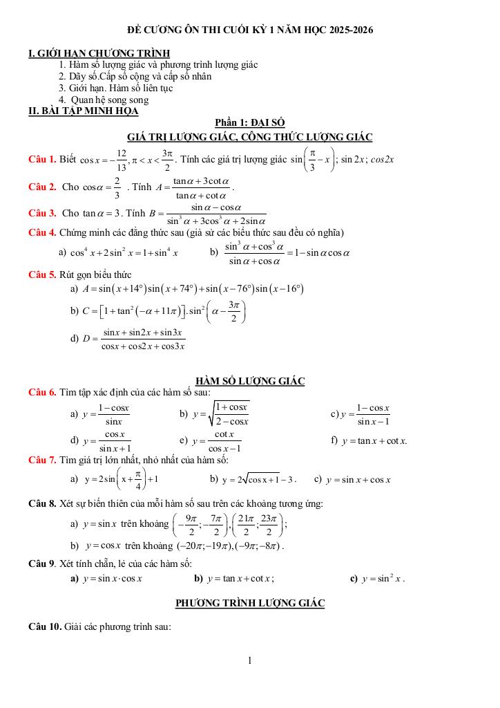 đề cương cuối kỳ 1 toán 11 năm 2025 – 2026 trường thpt gia bình 1 – bắc ninh - hình 1