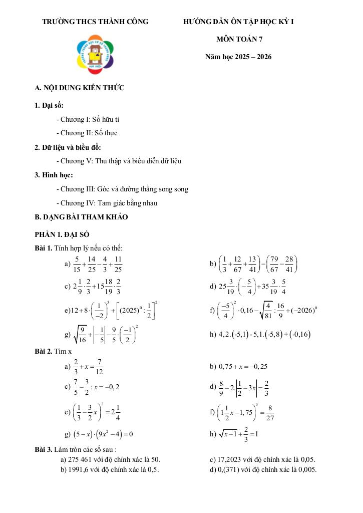 đề cương cuối kỳ 1 toán 7 năm 2025 – 2026 trường thcs thành công – hà nội 0