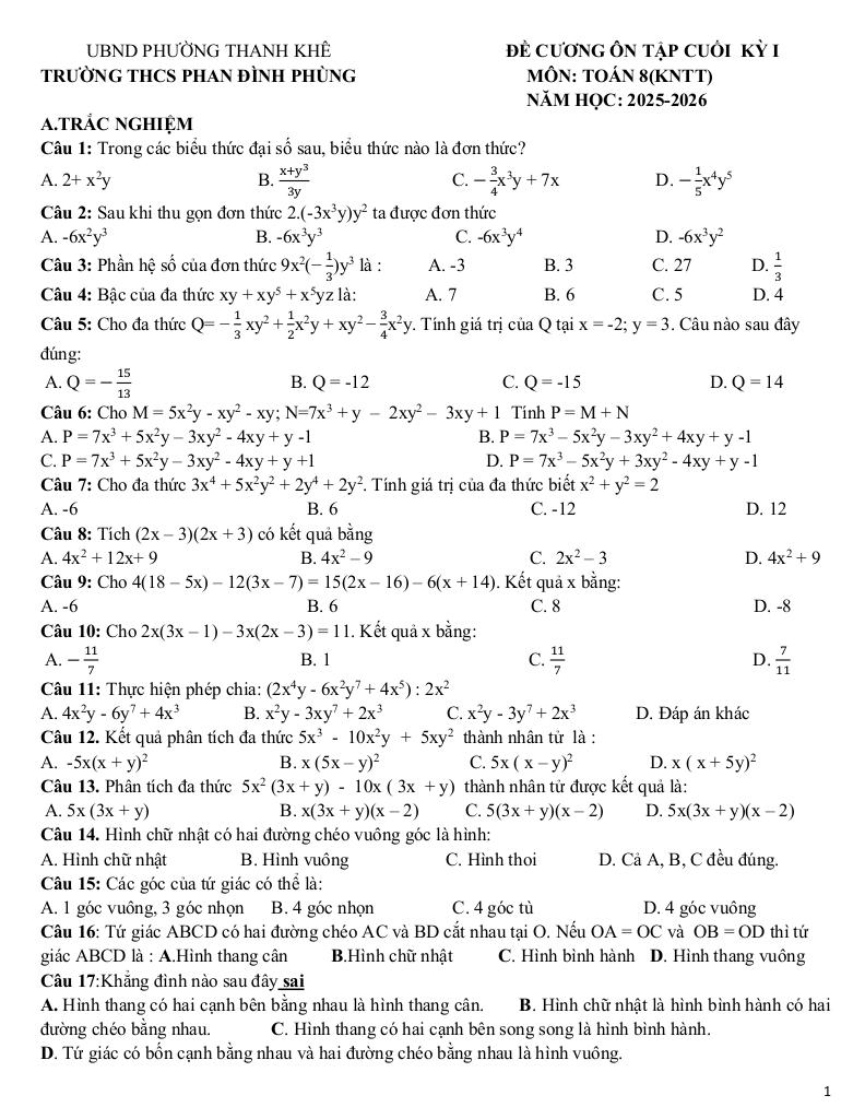 đề cương cuối kỳ 1 toán 8 năm 2025 – 2026 trường thcs phan đình phùng – đà nẵng 0