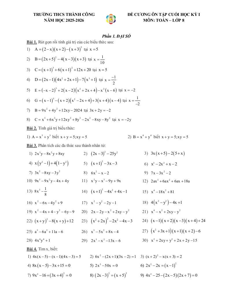 đề cương cuối kỳ 1 toán 8 năm 2025 – 2026 trường thcs thành công – hà nội 0
