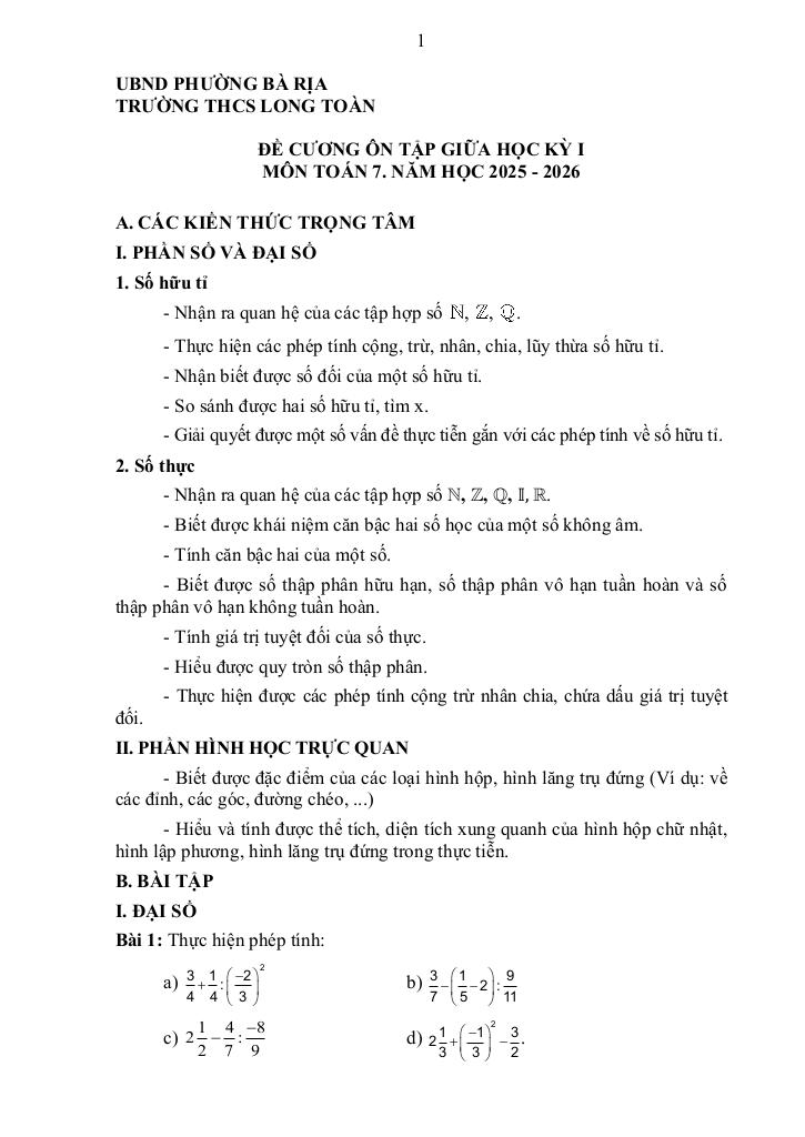 đề cương giữa học kì 1 toán 7 năm 2025 – 2026 trường thcs long toàn – tp hcm 0