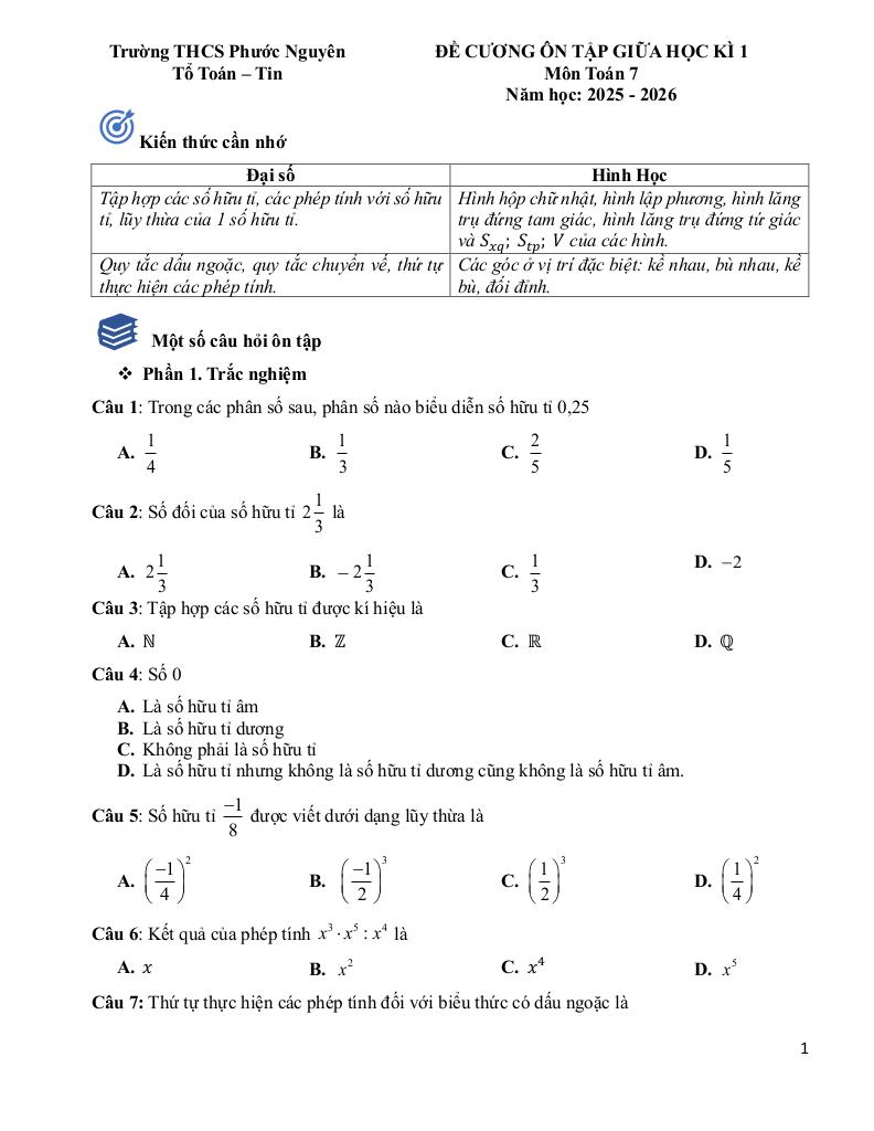 đề cương giữa học kì 1 toán 7 năm 2025 – 2026 trường thcs phước nguyên – tp hcm 0