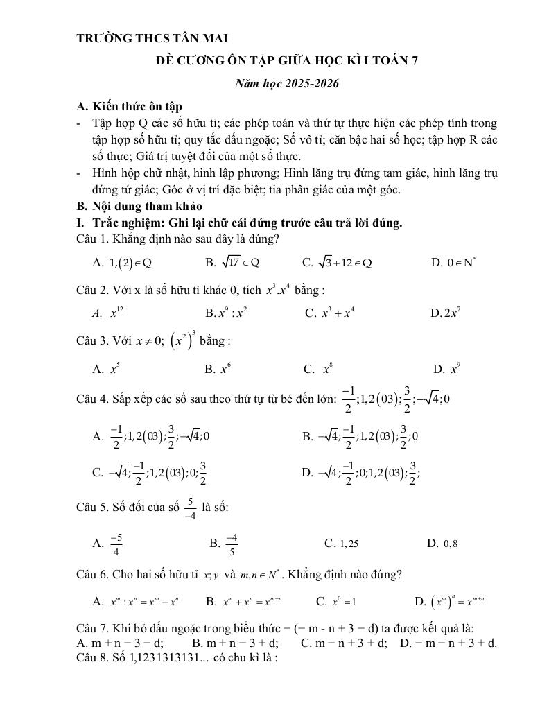đề cương giữa học kì 1 toán 7 năm 2025 – 2026 trường thcs tân mai – hà nội 0