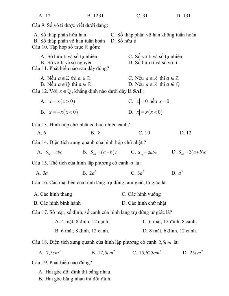 đề cương giữa học kì 1 toán 7 năm 2025 – 2026 trường thcs tân mai – hà nội 1
