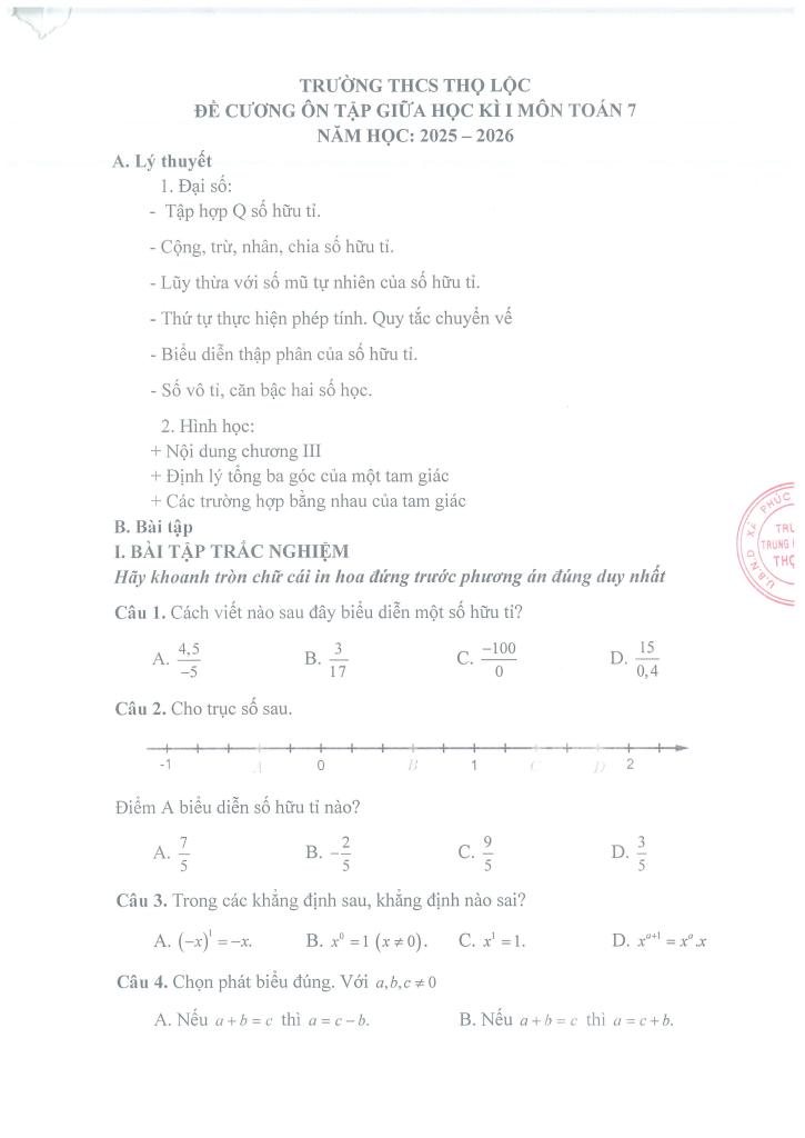 đề cương giữa học kì 1 toán 7 năm 2025 – 2026 trường thcs thọ lộc – hà nội 0