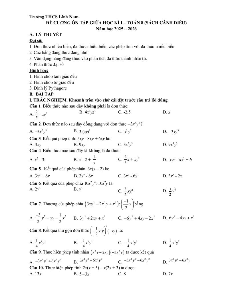 đề cương giữa học kì 1 toán 8 năm 2025 – 2026 trường thcs lĩnh nam – hà nội 0